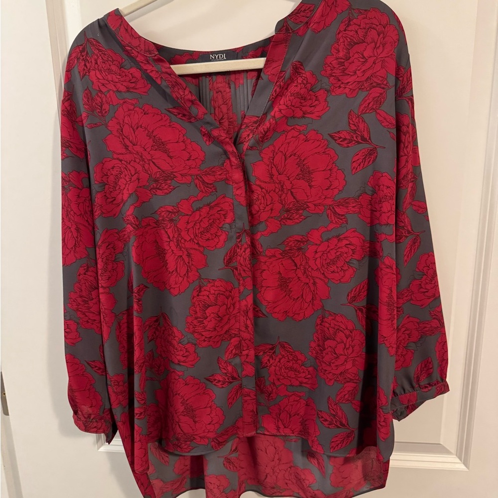 NYDJ Red 3/4 Sleeve Mandarin Collar Blouse